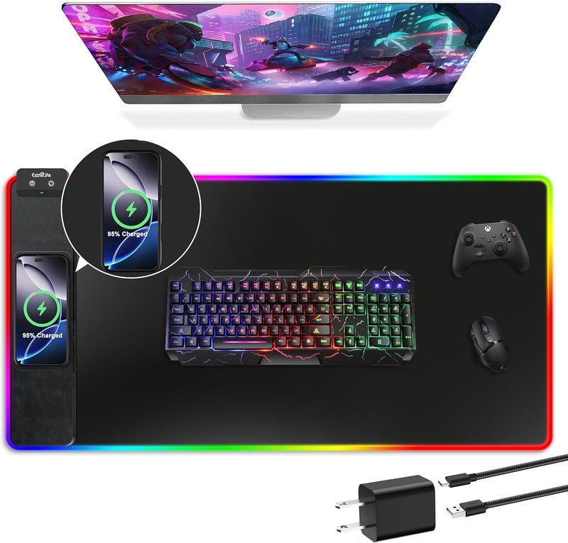 ExtreLife وسادة ماوس مع شحن لاسلكي، وسادة ألعاب RGB، سجادة مكتب كبيرة بسطح فائق السلاسة، وسادة ماوس غير قابلة للانزلاق، وسادة لوحة مفاتيح كمبيوتر مقاومة للماء مع محول طاقة QC بقوة 18 واط، 800x400x4 مم، أسود - Image 1